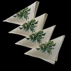 Lot of 4 Linen Cloth Napkins Blue Green Floral  11" x 11" Dining Luncheon